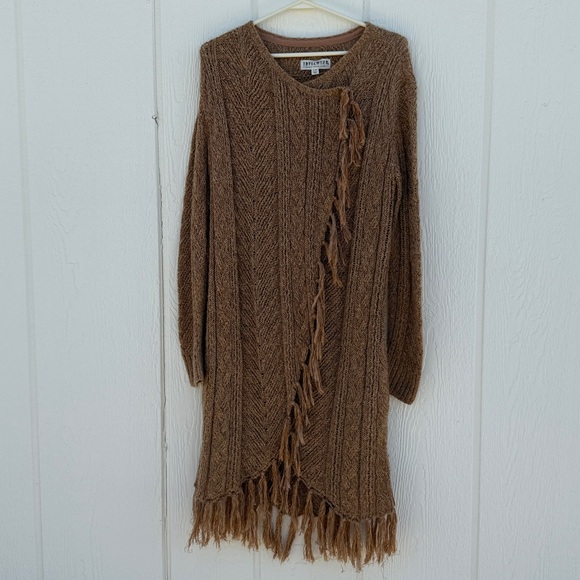 Idyllwind Size L Tan Metallic Knit Fringe Western Wrap Tunic Cardigan Sweater - Picture 7 of 10